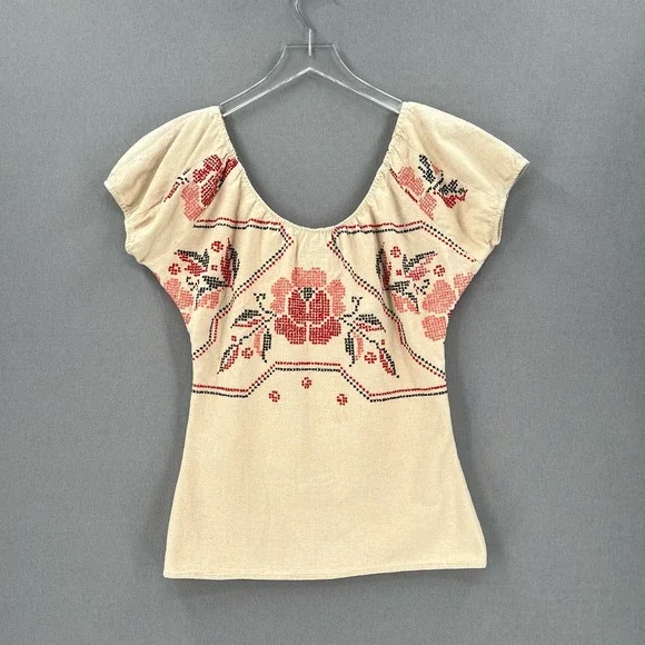LEEBA MARKS Vintage Shirt Womens Large Cream Embroidered Boho Peasant - Picture 2 of 12